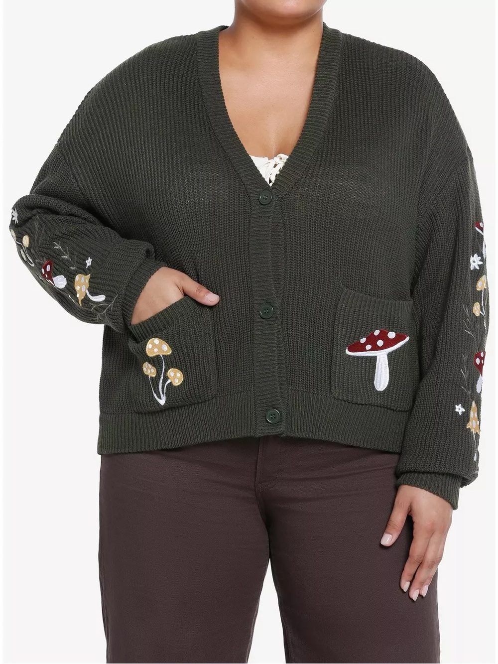 Thorn & Fable Hot Topic Olive Green Mushroom Patch V-Neck Cardigan